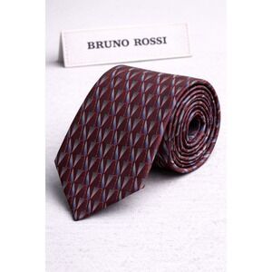 Bruno Rossi Mens Silk Necktie Burgundy Blue Geometric Triangle Pattern Handmade